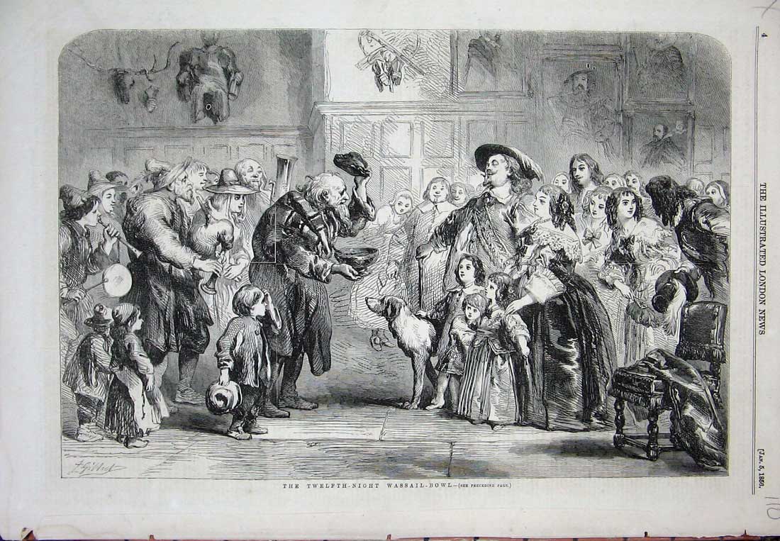 Original Old Antique Print 1856 Twelfth-Night Wassail-Bowl Children Dog Music