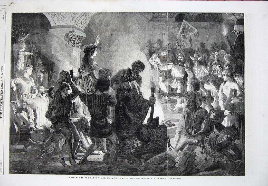 Old Antique Print 1859 Christmas Saxon Times King Winter Music Party Art 19th