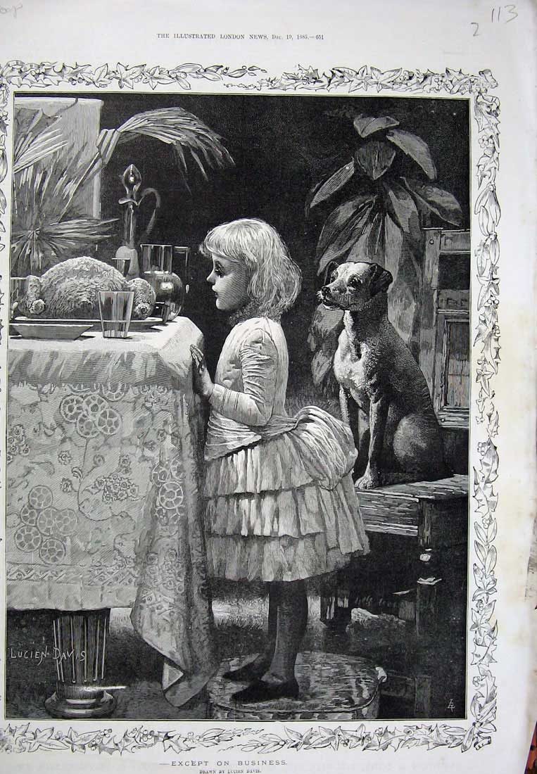 Old Antique Print Lucien Davis 1885 Little Girl Dog Christmas Dinner Art 19th