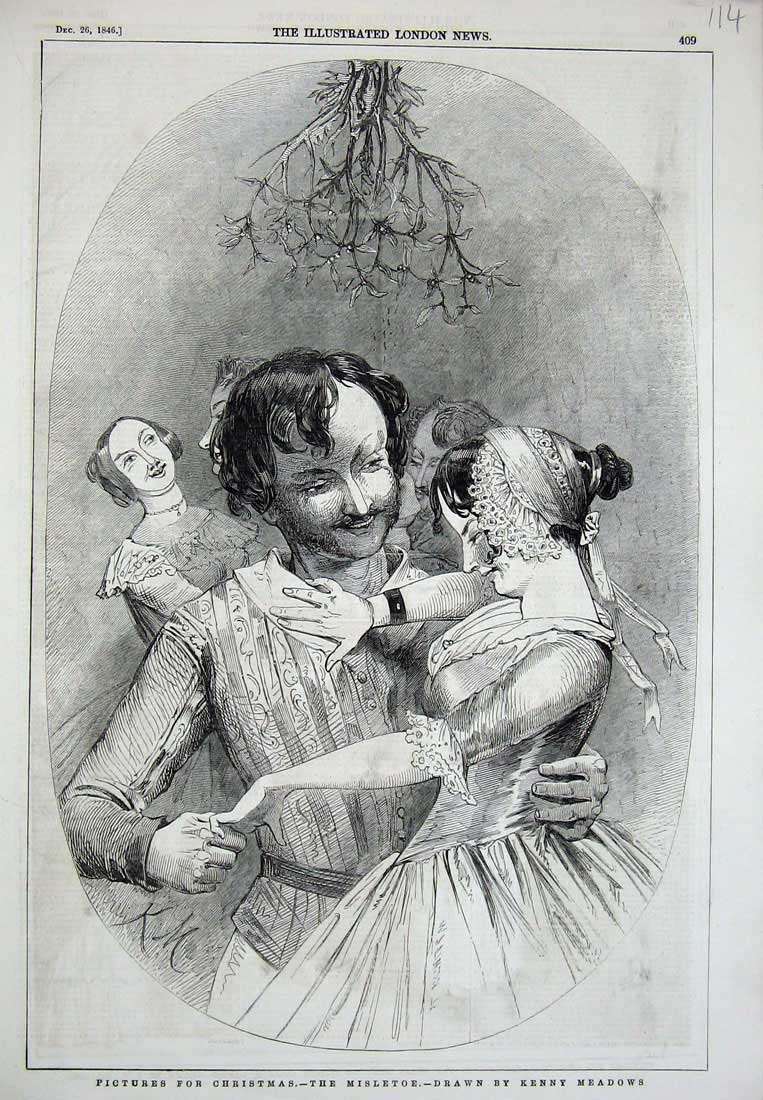 Original Old Antique Print 1846 Christmas Man Woman Dancing Romance Mistletoe