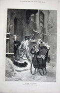 Original Old Antique Print 1876 Winter Scene Snow Sledge House Women Fur Art