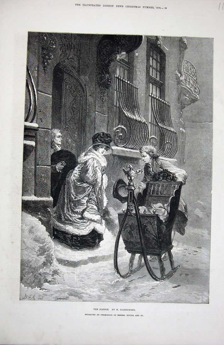 Original Old Antique Print 1876 Winter Scene Snow Sledge House Women Fur Art