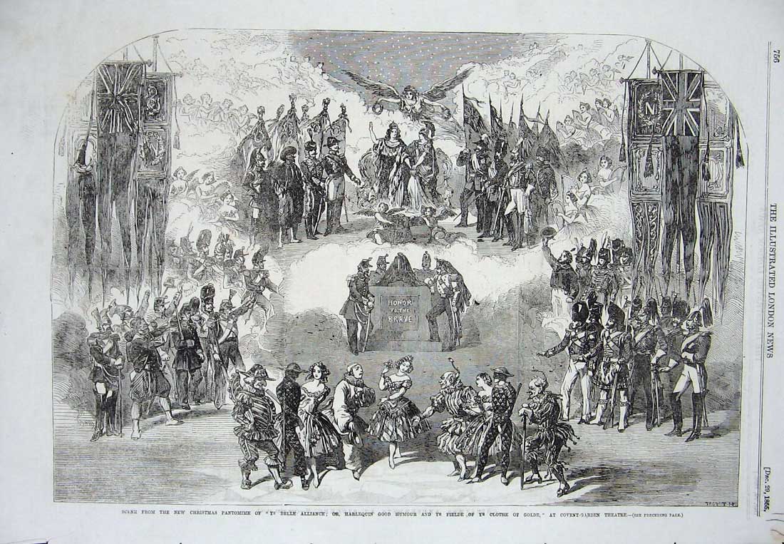 Original Old Antique Print 1855 Christmas Pantomime Alliance Harlequin Theatre
