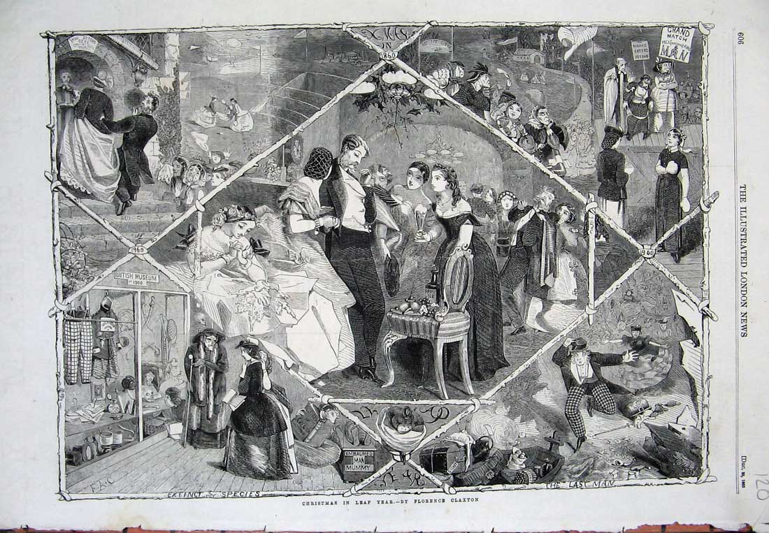 Old Antique Print 1860 Christmas Party Leap Year Celebrations Men Ladies 19th