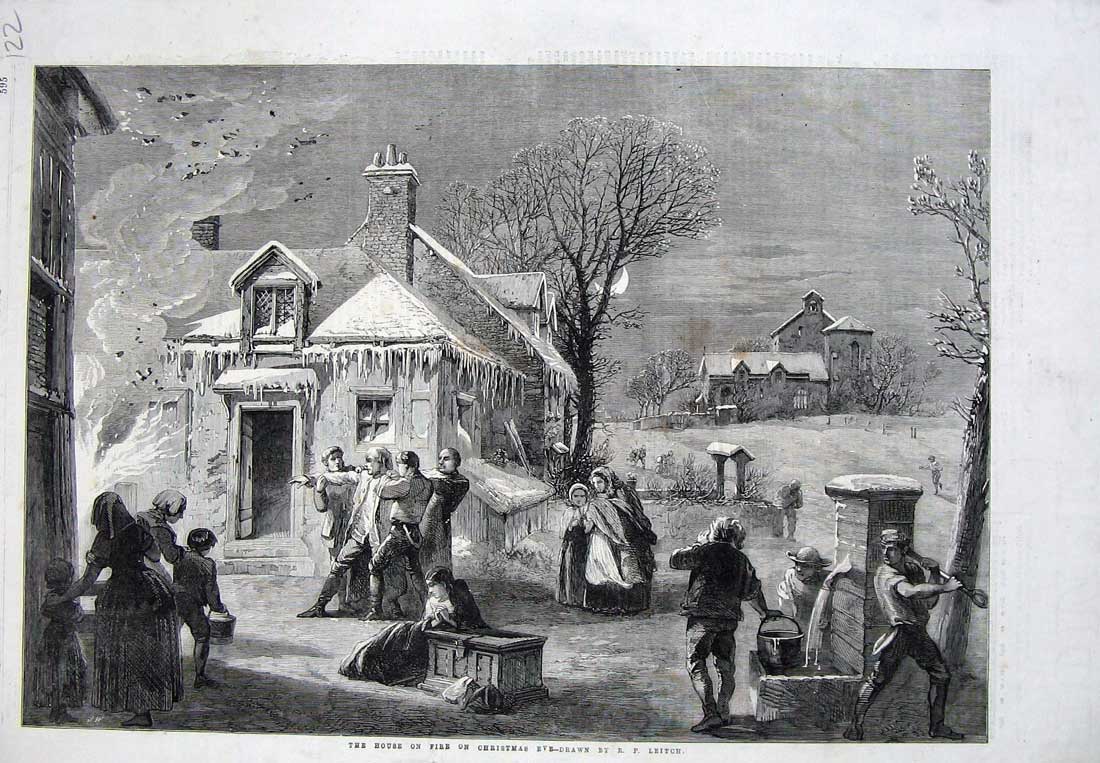 Old Antique Print 1860 House Fire Christmas Eve Snow Moonlight Trees Art 19th