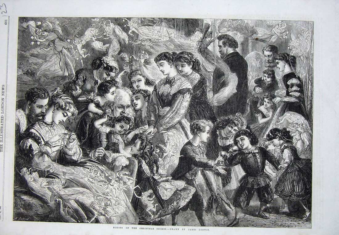 Original Old Antique Print 1867 Christmas Children Family Party Dresses Angels