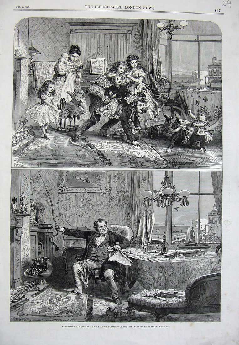 Original Old Antique Print 1867 Christmas Family Children Party Toys Man Chair