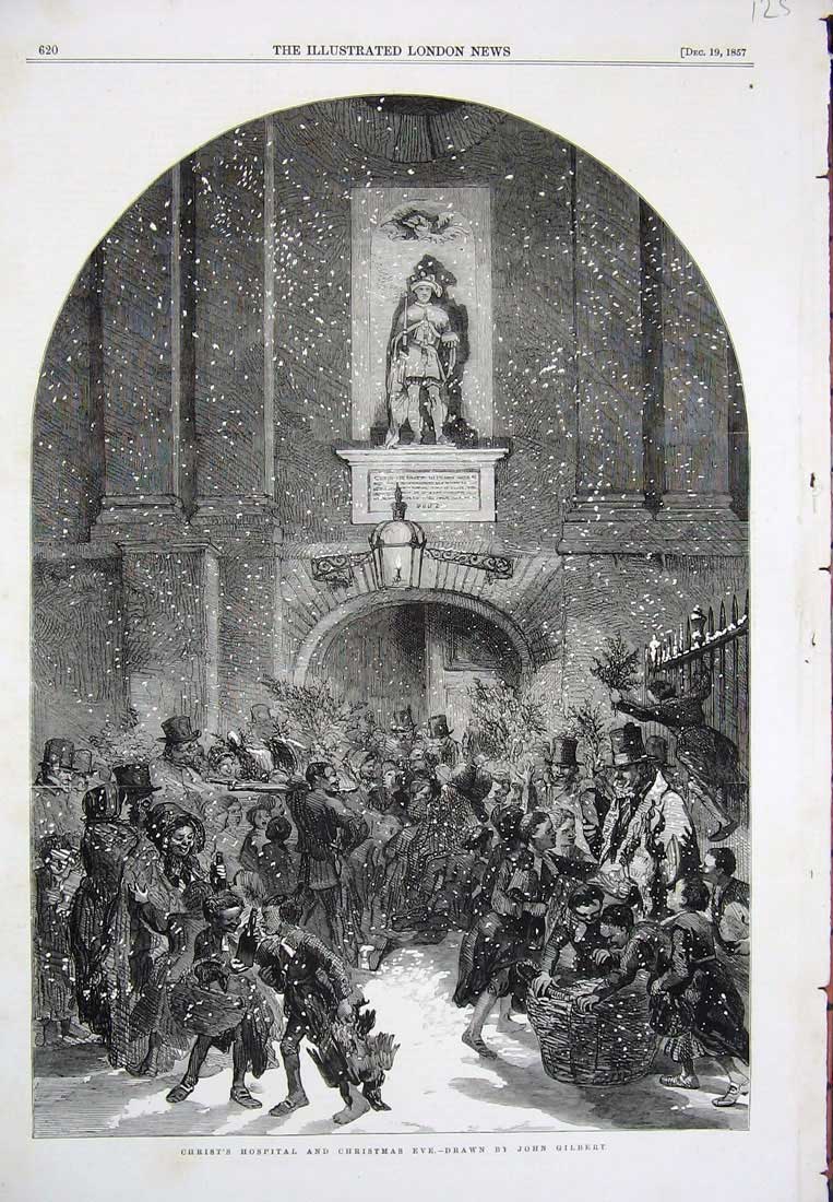 Old Antique Print 1857 Christ'S Hospital Christmas Snow Children Gilbert 19th