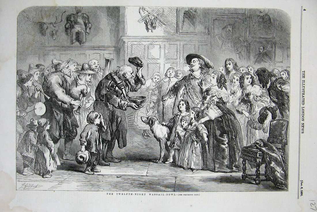 Original Old Antique Print 1856 Twlefth Night Wassail Bowl Children Dog Party