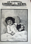 Original Old Antique Print 1883 Christmas Little Boy Bed Kitten Cat Thomson Art