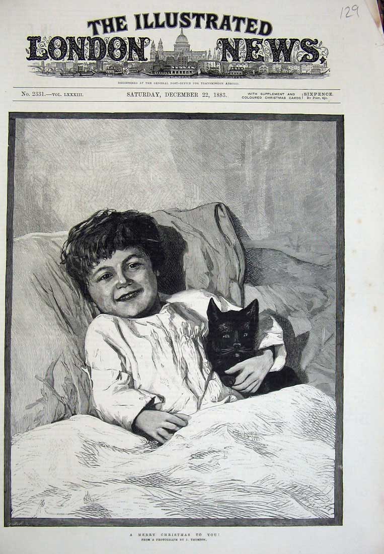 Original Old Antique Print 1883 Christmas Little Boy Bed Kitten Cat Thomson Art