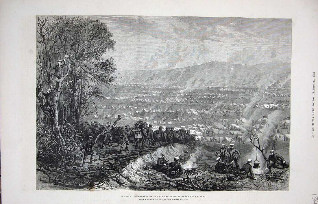 Original Old Antique Print 1877 War Encampment Russian Siers Guard Plevna Art