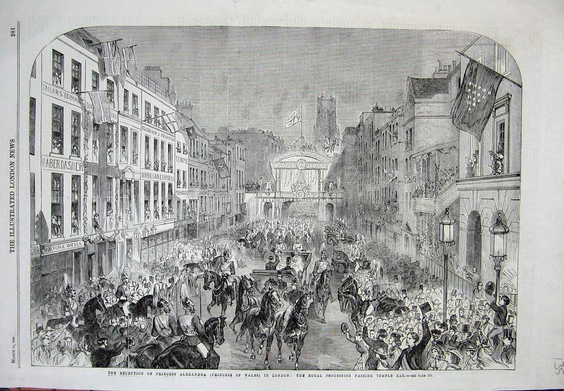 Old Antique Print 1863 Princess Alexandria Londond Procession Temple Bar 19th