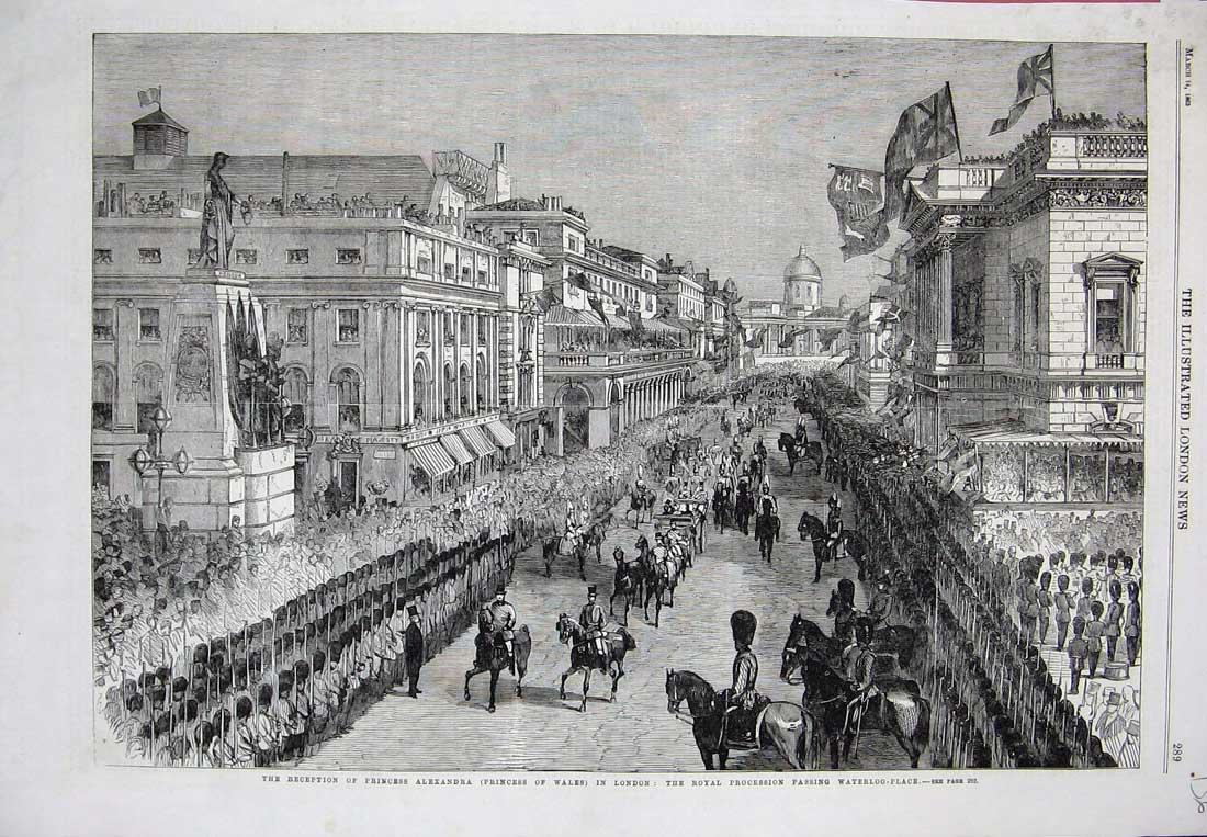 Original Old Antique Print 1863 Princess Alexandria London Waterloo Guards Art