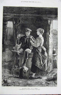 Old Antique Print 1874 Roberts Fine Art Man Woman Romance Farmyard Barn 19th