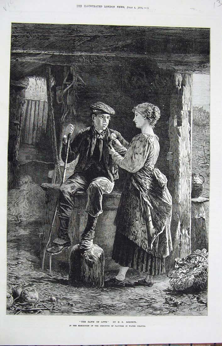 Old Antique Print 1874 Roberts Fine Art Man Woman Romance Farmyard Barn 19th