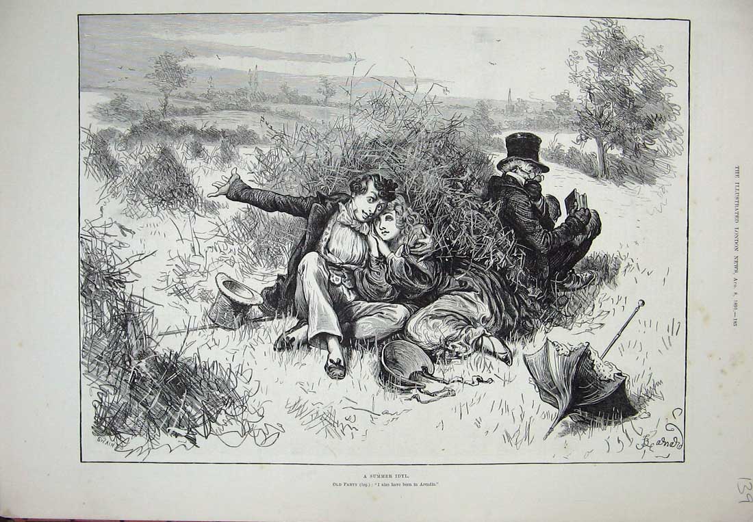 Original Old Antique Print 1891 Summer Country Scene Man Women Romance Trees