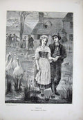 Old Antique Print 1870 Geese Birds Man Woman House Trees Barclay Fine Art 19th