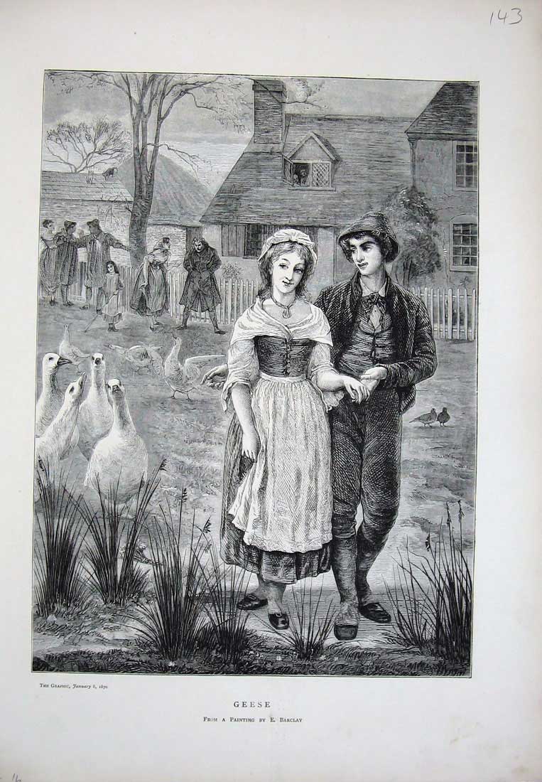 Old Antique Print 1870 Geese Birds Man Woman House Trees Barclay Fine Art 19th