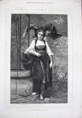 Original Old Antique Print 1874 Man Woman Wall Romance Water Well Vely Fine Art