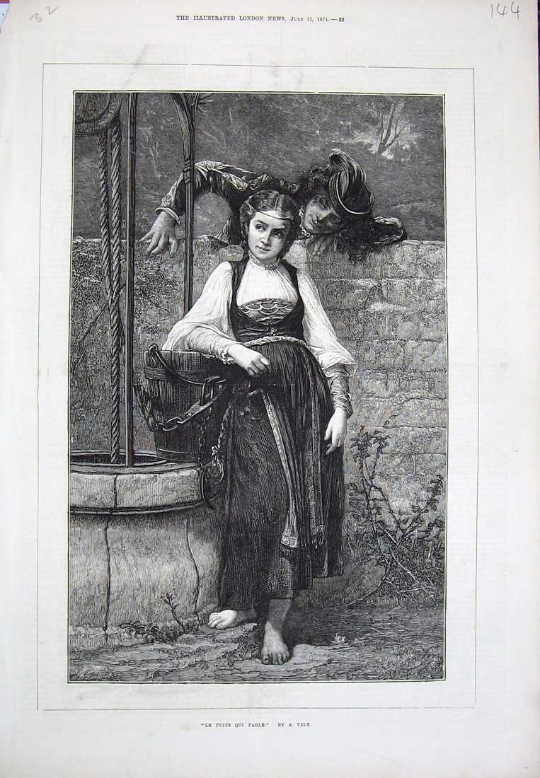 Original Old Antique Print 1874 Man Woman Wall Romance Water Well Vely Fine Art