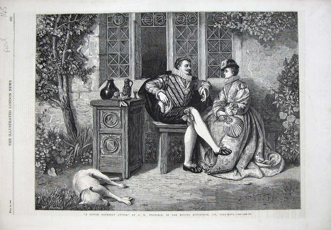 Old Antique Print 1866 Father Daughter House Window Dog Trees Flowers Art 19th