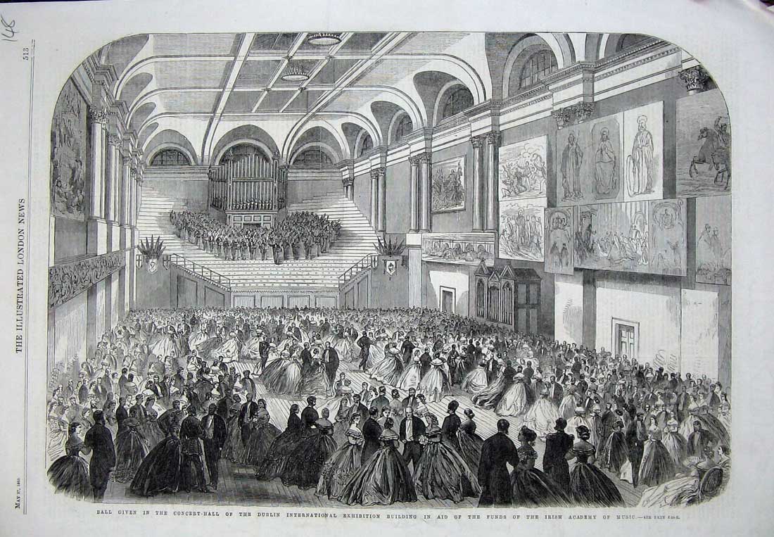 Original Old Antique Print 1865 Ball Concert Hall Dublin Building Academy Music