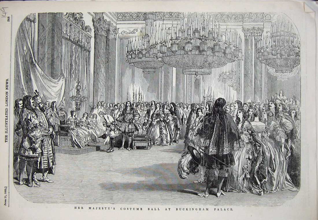 Original Old Antique Print 1851 Majesty Queen Costume Ball Buckingham Palace