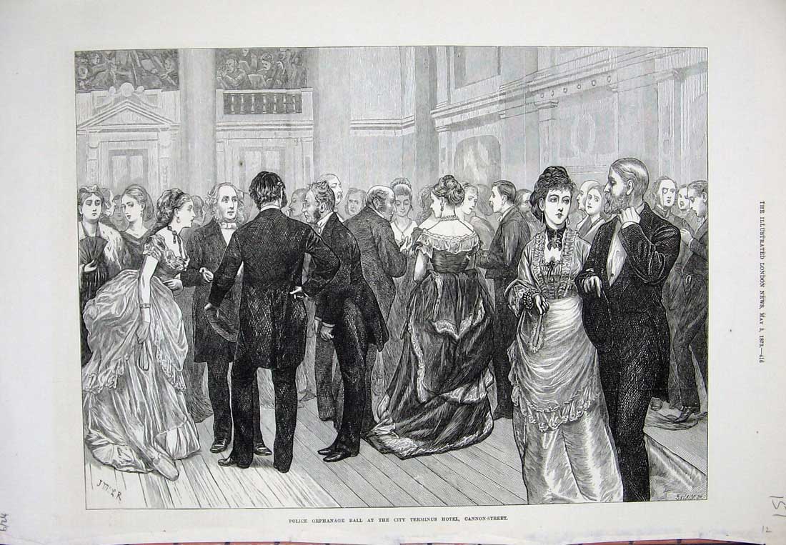 Old Antique Print 1873 Police Orphanage Ball Terminus Hotel Cannon Street 19th