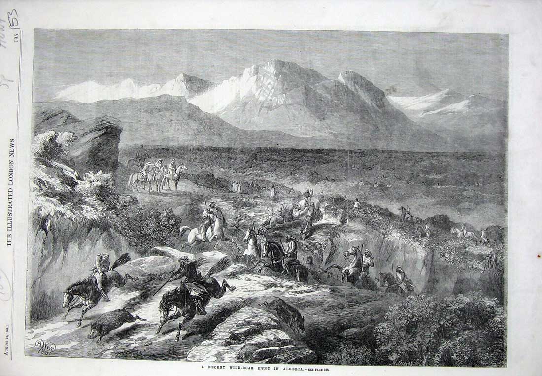 Old Antique Print 1861 Wild Boar Hunt Algeria Sport Men Shooting Mountain 19th
