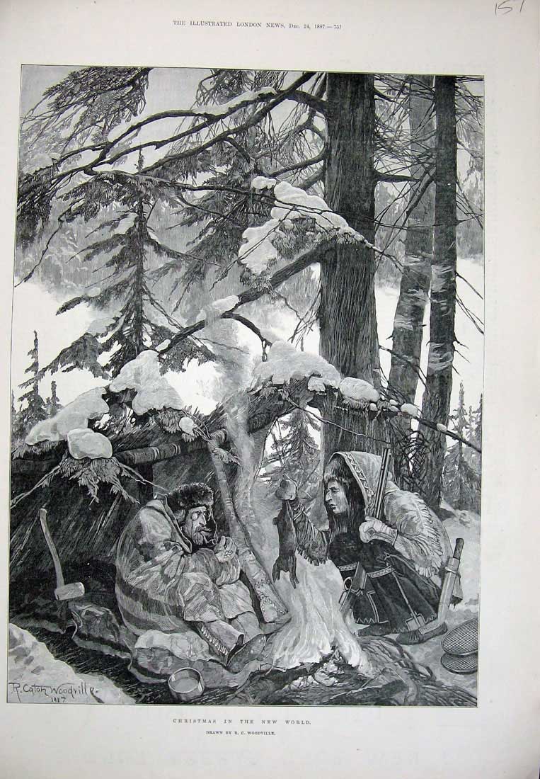 Old Antique Print Chrsitmas Indians Snow Trees Hunting 1887 Woodville Art 19th