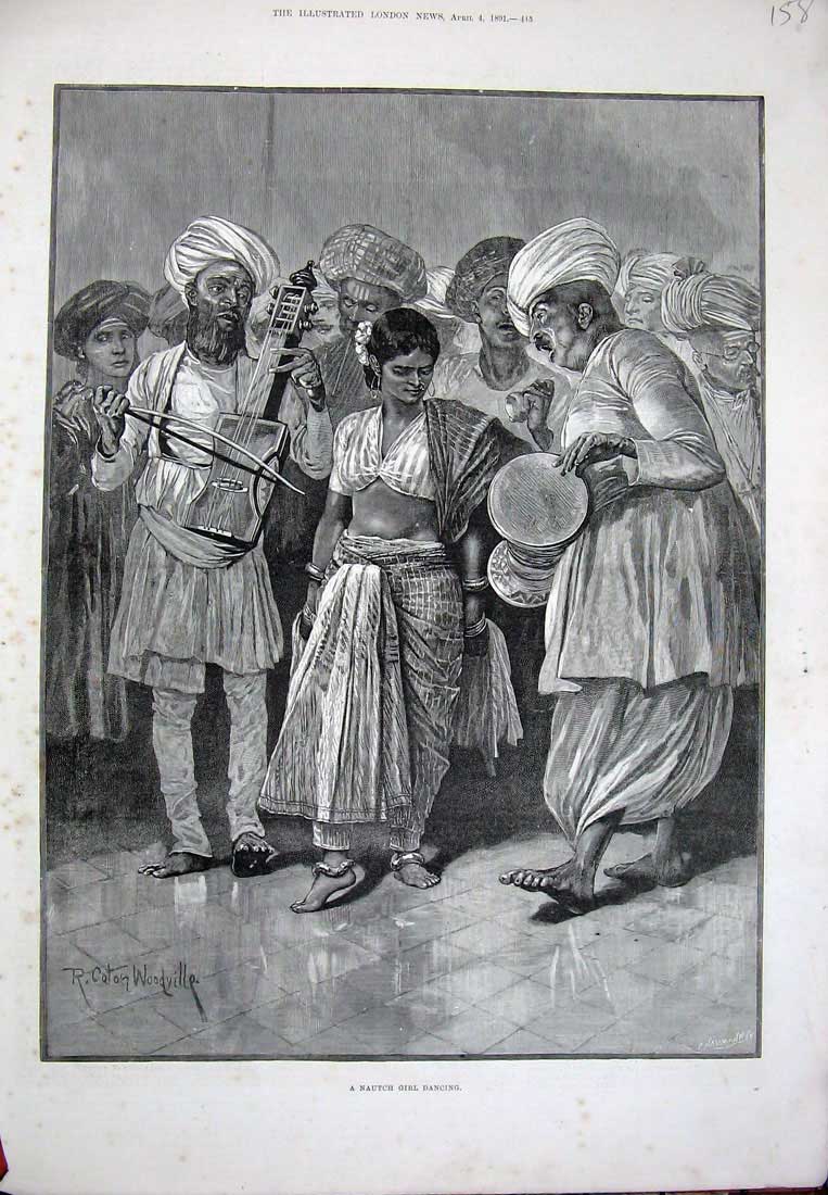 Old Antique Print 1891 Nautch Girl Dancing Costumes Music Woodville Art 19th