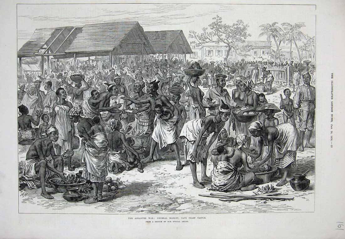 Old Antique Print Ashantee War Market Cape Coast Castle Natives Shop 1876 19th