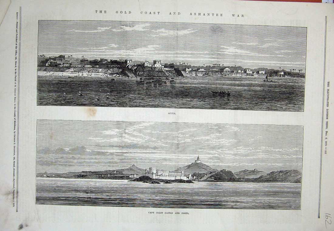 Original Old Antique Print 1873 View GCoast Ashantee War Accra Castle Forts