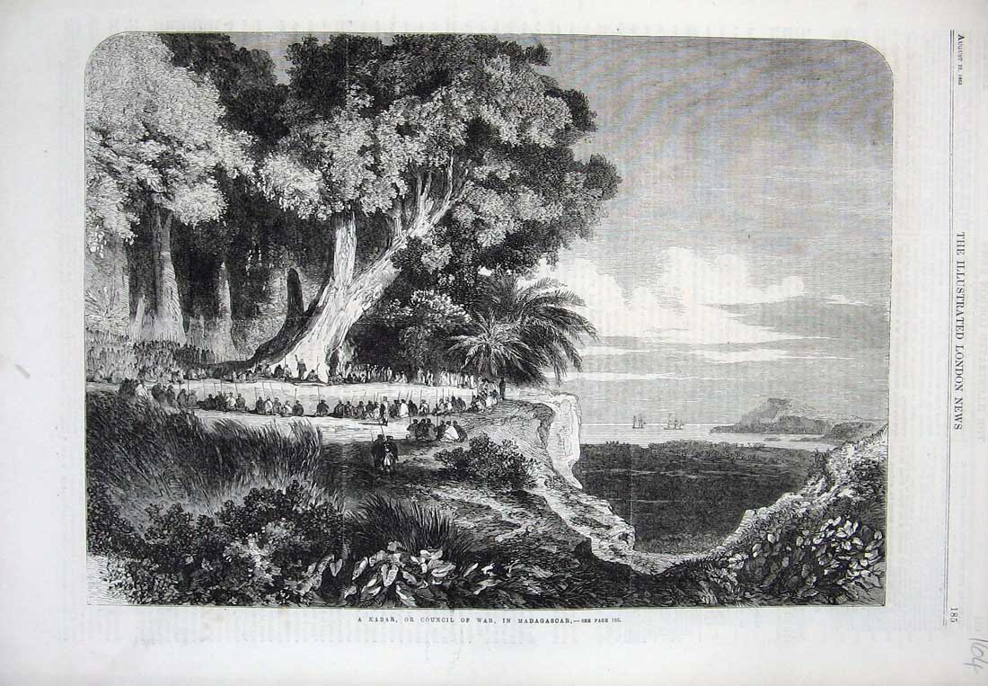 Old Antique Print 1863 Kabar Council War Madagascar Natives Ships Trees 19th