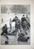 Old Antique Print Winter Sport Ice Skating Snow Trees 1891 Woodville Art 19th