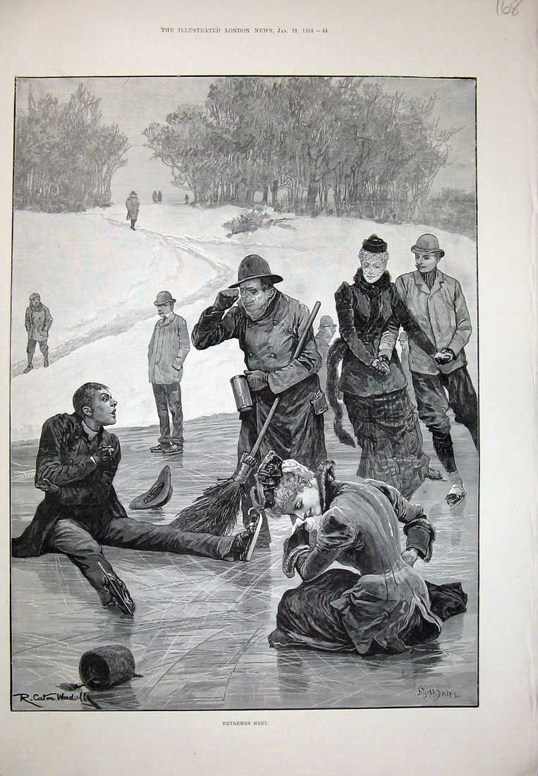 Old Antique Print Winter Sport Ice Skating Snow Trees 1891 Woodville Art 19th