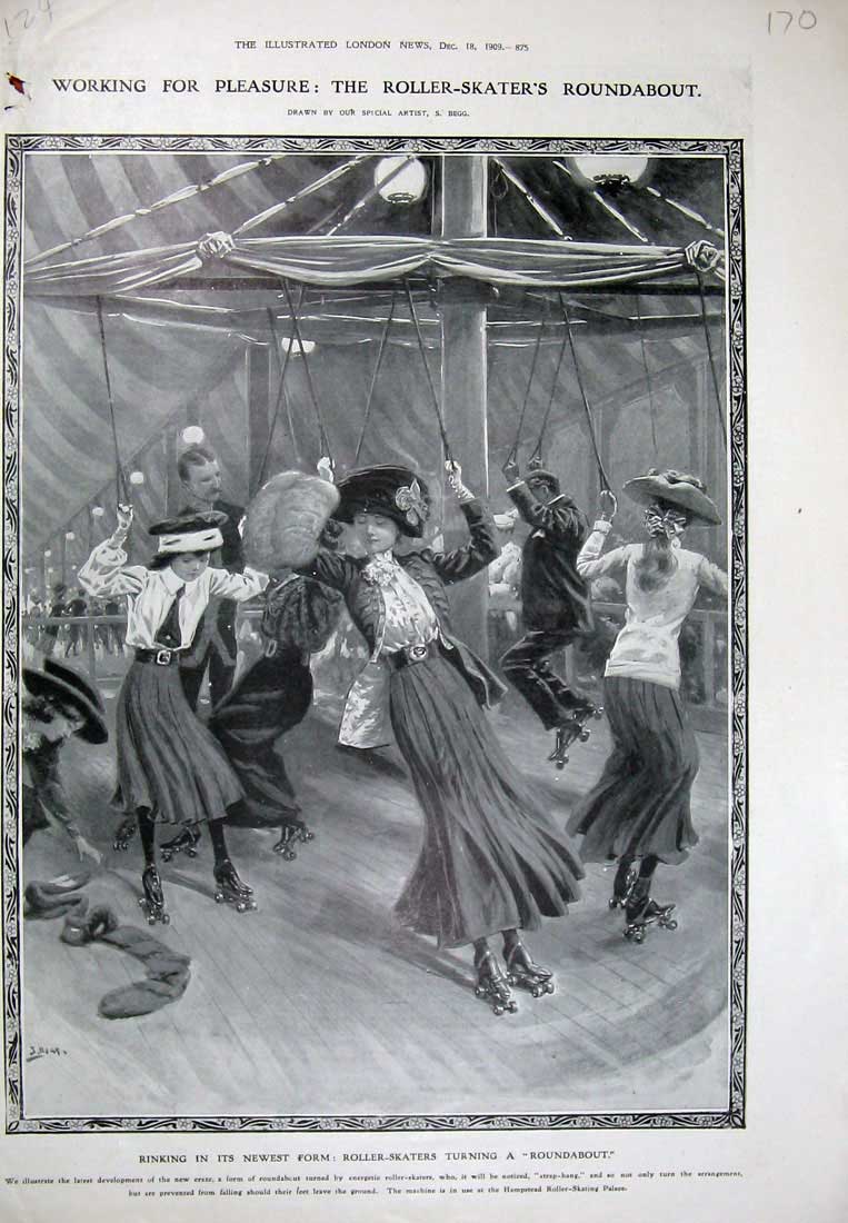 Old Antique Print 1909 Roller Skating Sport Roundabout Hampstead Palace 20th