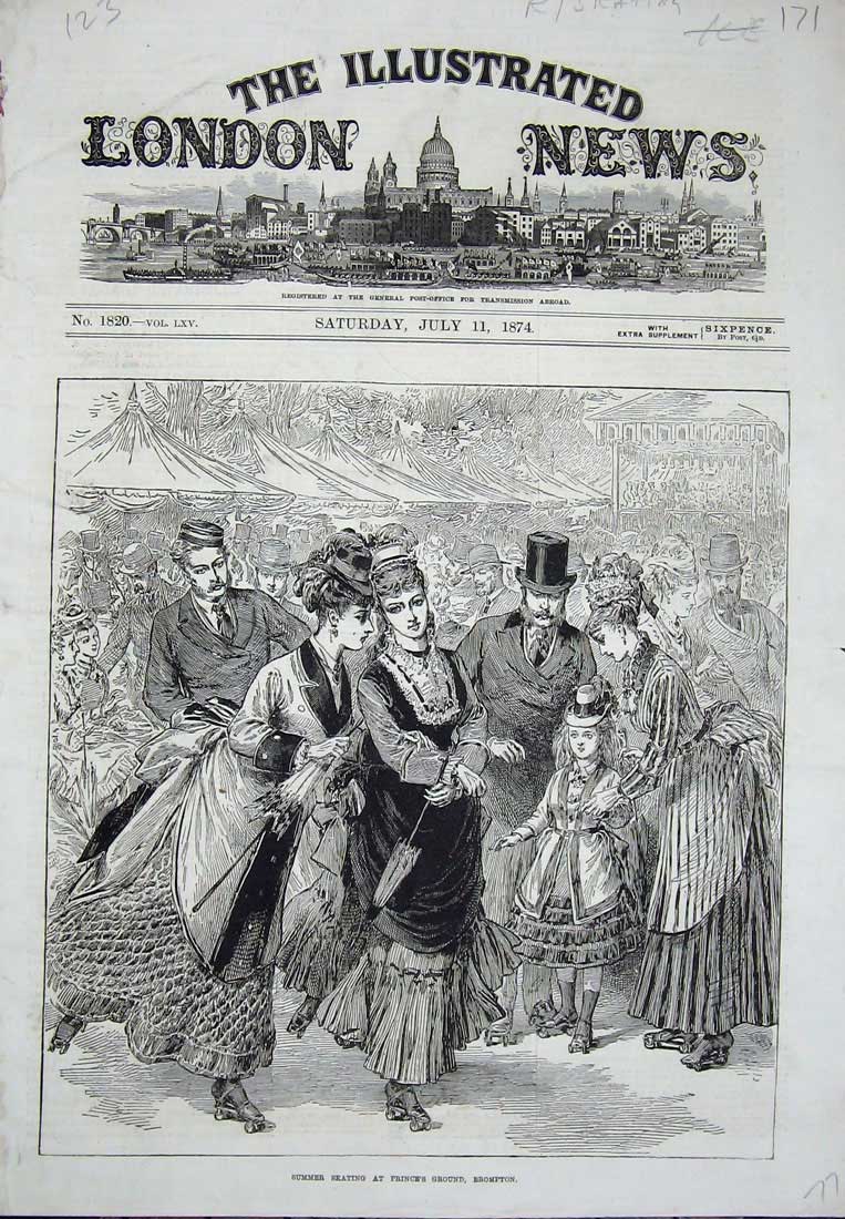 Original Old Antique Print 1874 Summer Roller Skating Prince'S Ground Brompton