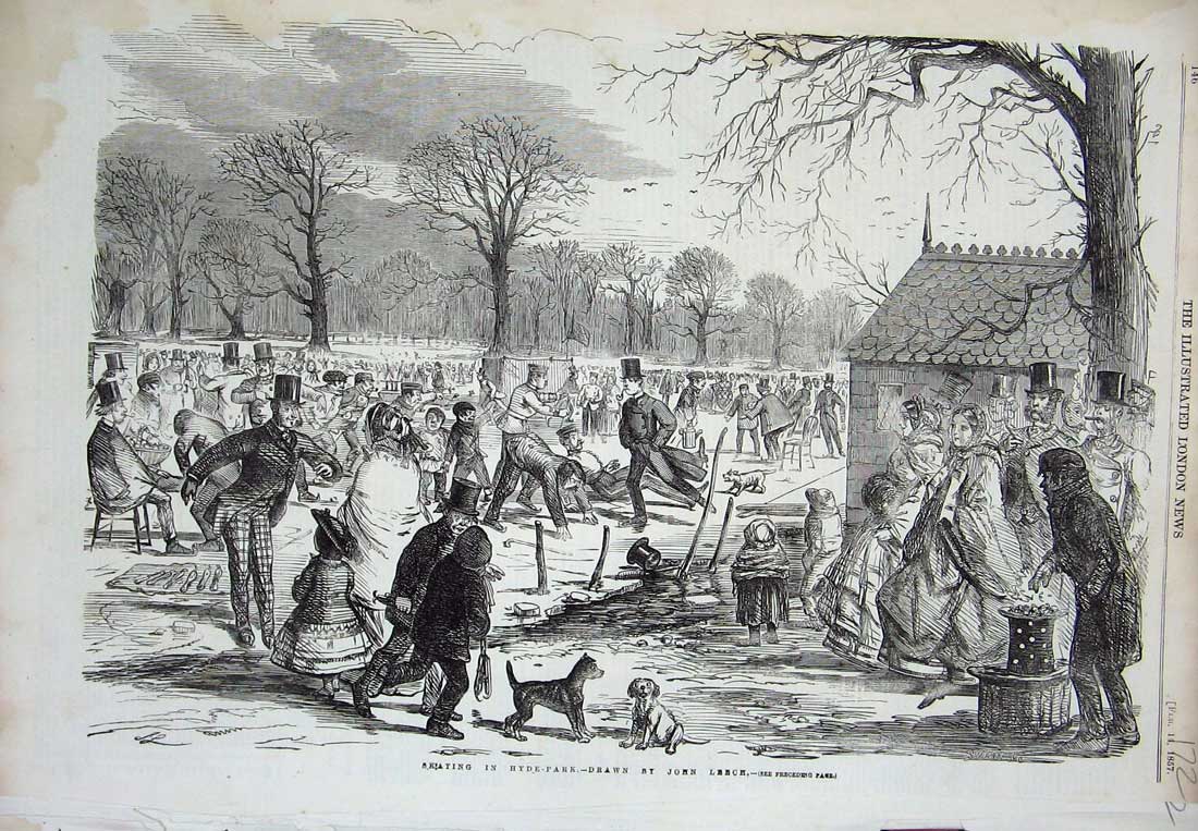 Original Old Antique Print 1857 Ice Skating Hyde Park London Winter Skates Snow