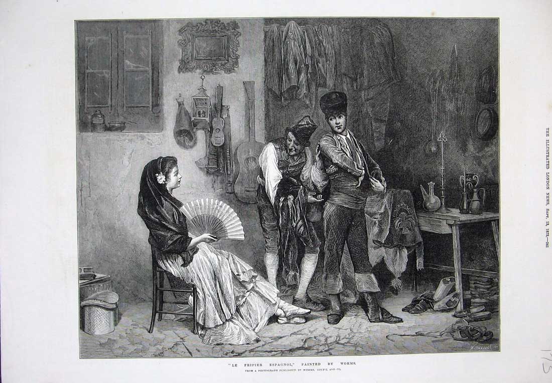 Old Antique Print 1873 Le Fripier Espagnol Lady Fan Men Costumes Fine Art 19th