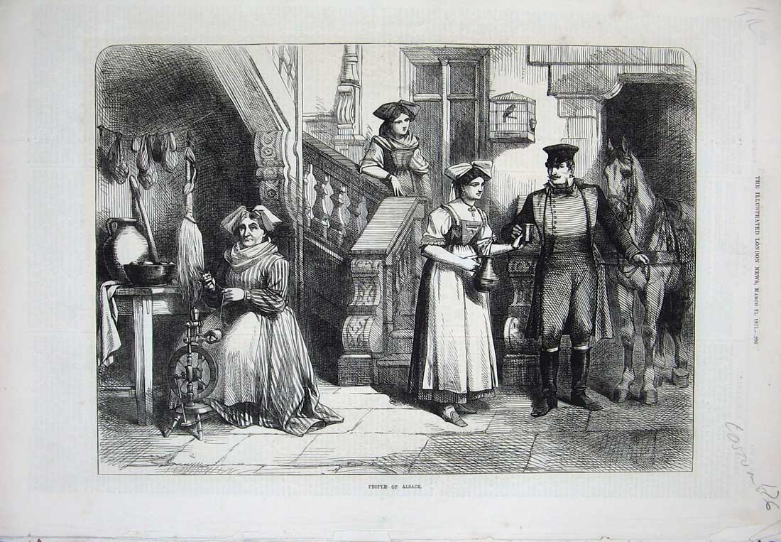 Old Antique Print Scene People Alsace Spinning Wheel Costumes Horse 1871 19th