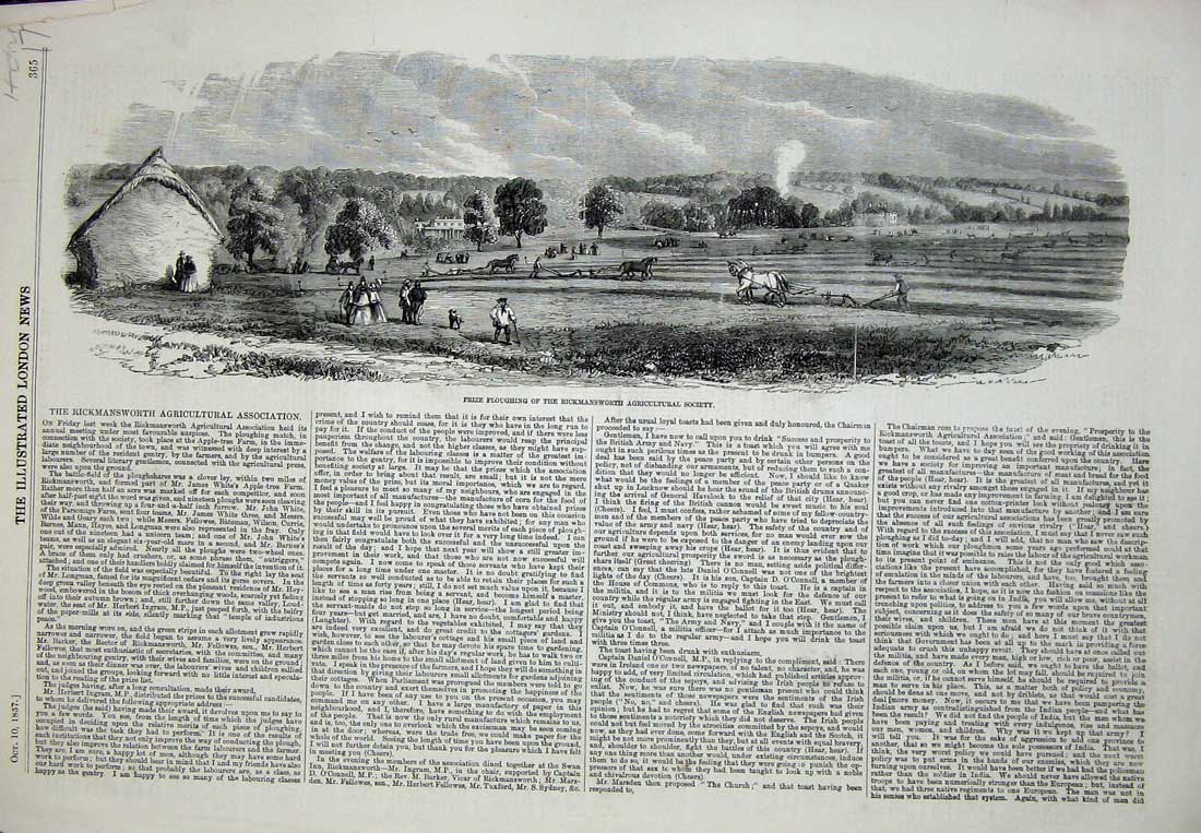 Old Antique Print 1857 Ploughing Rickmansworth Agricultural Society Horse 19th