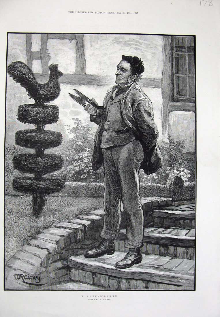 Old Antique Print 1884 Rainey Fine Art Chef-D'Oeuvre Gardener Shears Man 19th