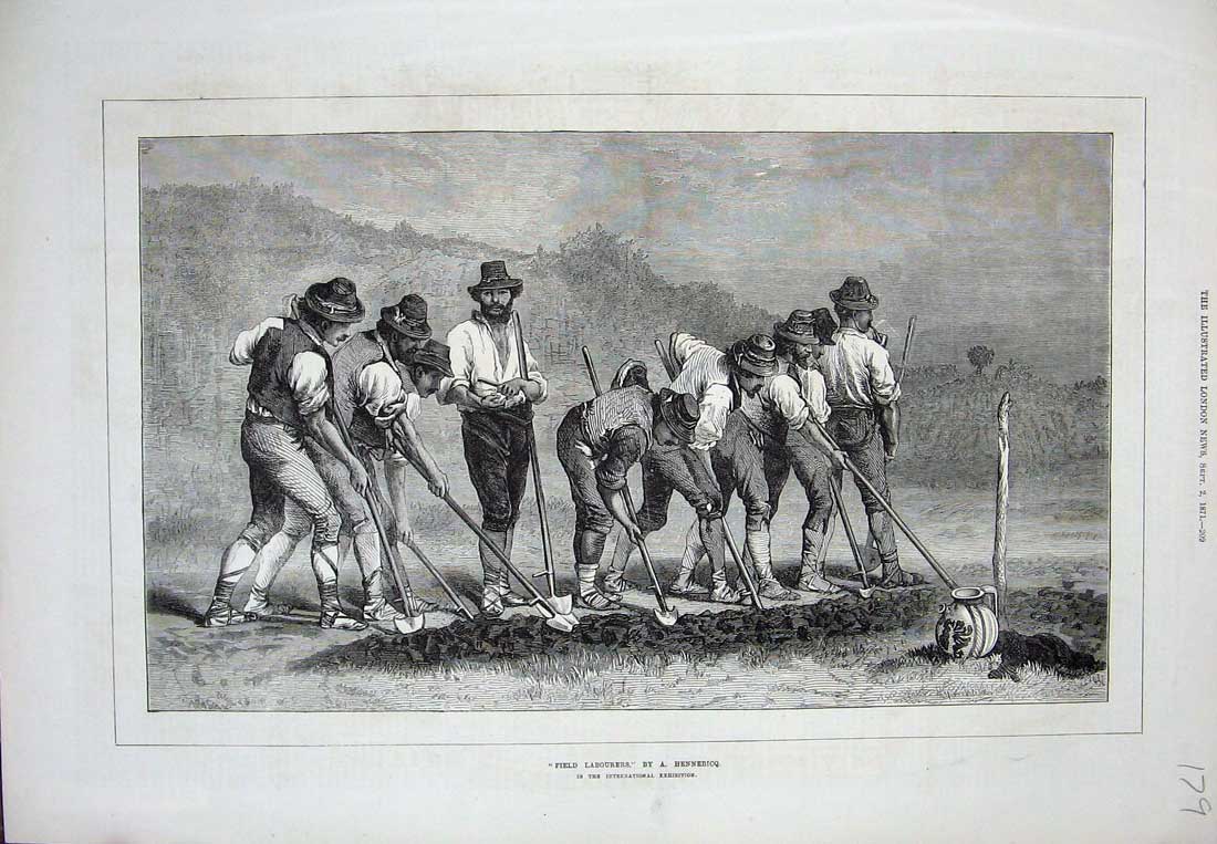 Old Antique Print 1871 Field Labourers Farming Men Digging Hennebicq Art 19th
