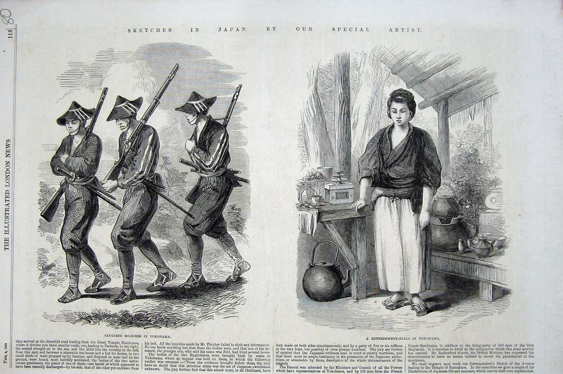 Original Old Antique Print 1865 Japan Siers Yokohama Refreshment Stall Woman