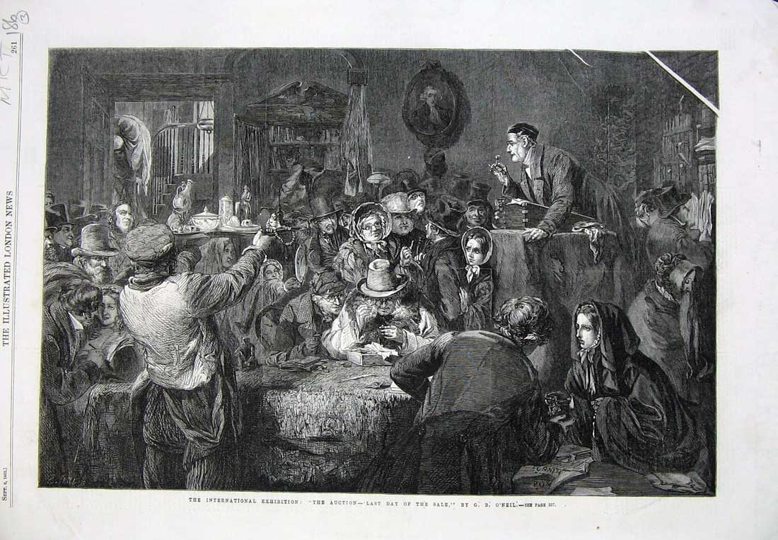 Old Antique Print 1862 International Exhibition Auction Sale Market Art 19th