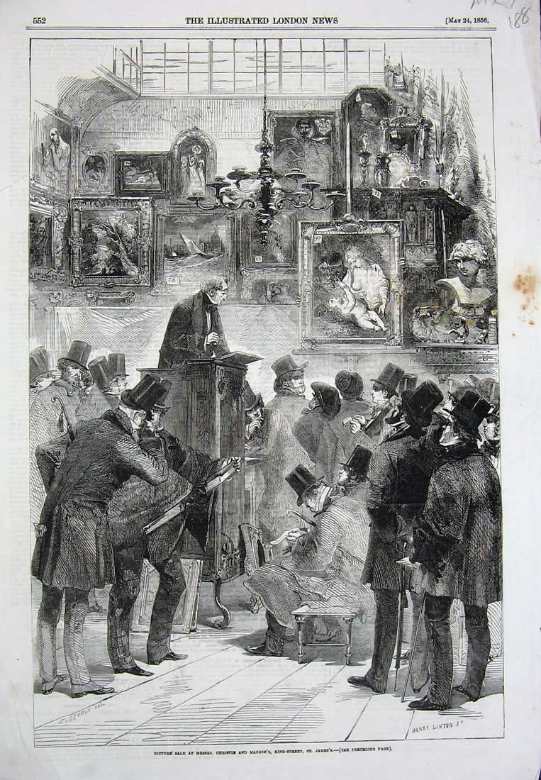 Original Old Antique Print 1856 Christie Manson King Picture Sale Art Paintings