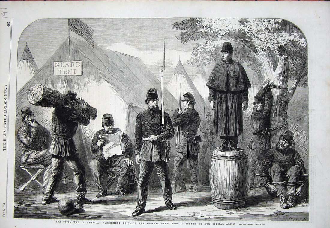Original Old Antique Print 1861 Civil War America Federal Camp Punishment Drill