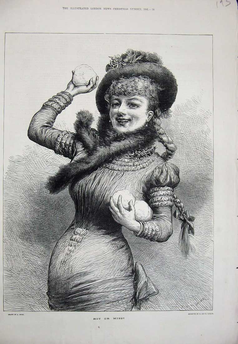 Original Old Antique Print 1881 Lady Woman Winter Snow Balls Fur Hat Scarf 19th